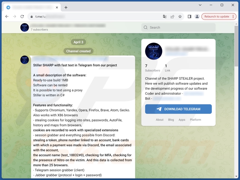El malware Sharp se promociona en Telegram