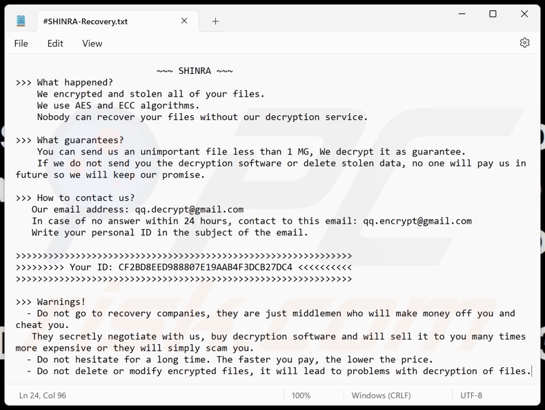 SHINRA ransomware nota de rescate (#SHINRA-Recovery.txt)