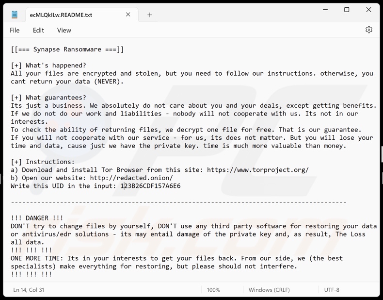 Synapse ransomware nota de rescate ([random_string].README.txt)