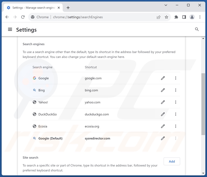 Eliminación de sysredirector.com del motor de búsqueda predeterminado de Google Chrome