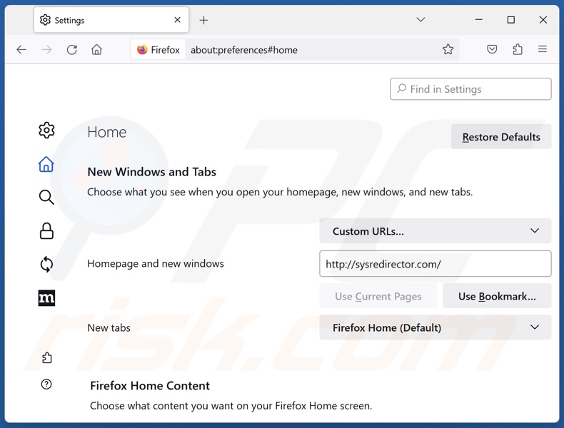 Eliminar sysredirector.com de la página de inicio de Mozilla Firefox