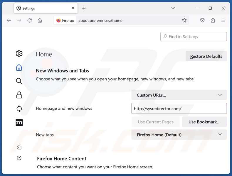 Eliminar sysredirector.com de la página de inicio de Mozilla Firefox