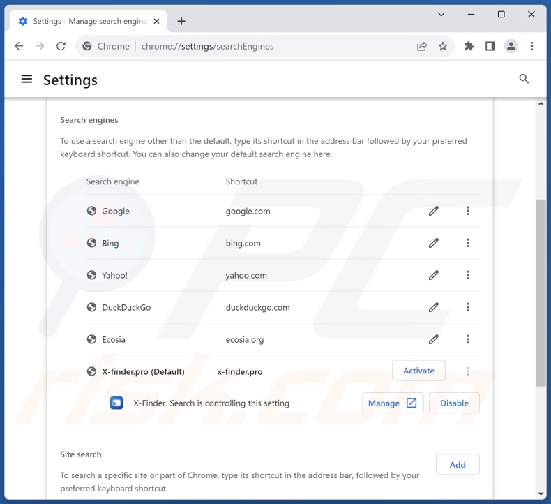 Removing x-finder.pro from Google Chrome default search engine