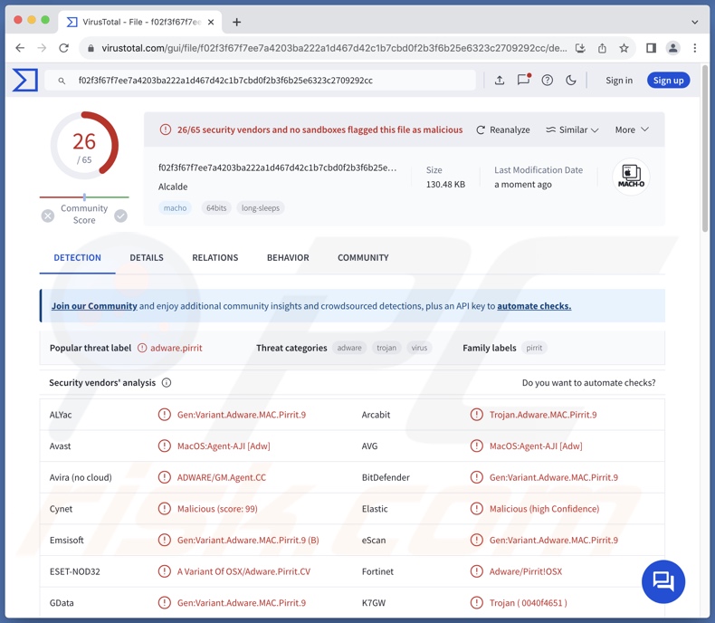Alcalde.app detecciones de adware en VirusTotal