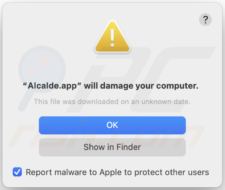 Ventana emergente que aparece cuando se detecta el adware Alcalde.app en el sistema