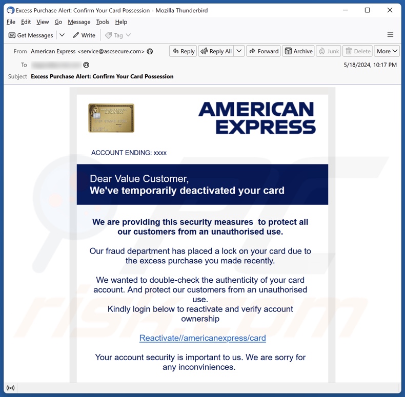 American Express Card Deactivation campaña de spam por correo electrónico