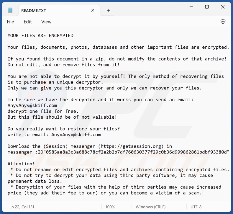 Anyv ransomware nota de rescate (README.TXT)