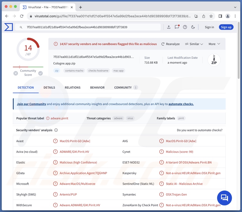 Detecciones del adware Cologne.app en VirusTotal