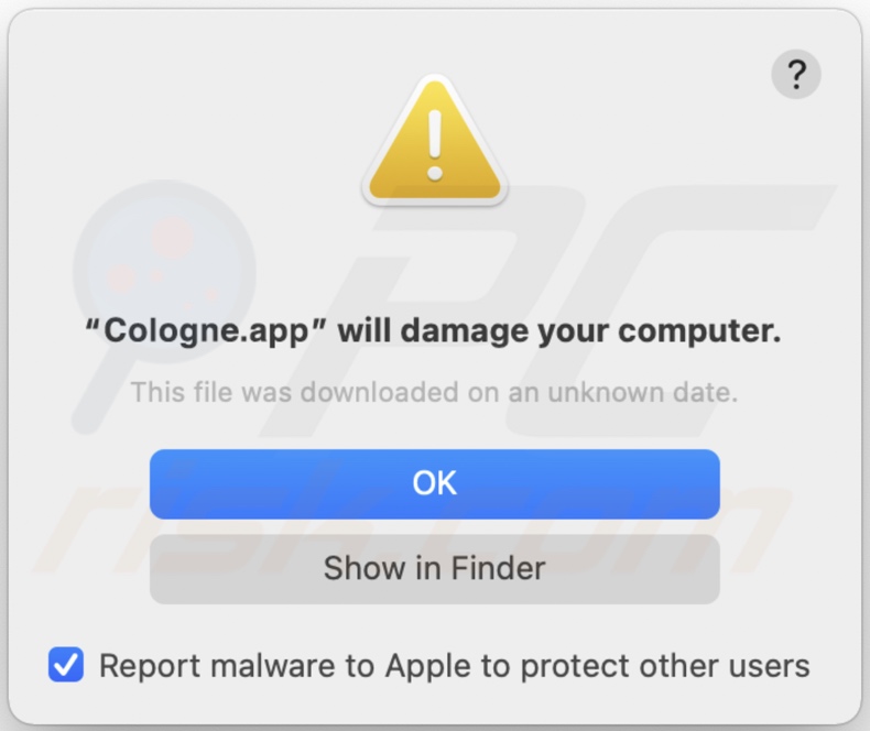 Ventana emergente que aparece cuando se detecta el adware Cologne.app en el sistema