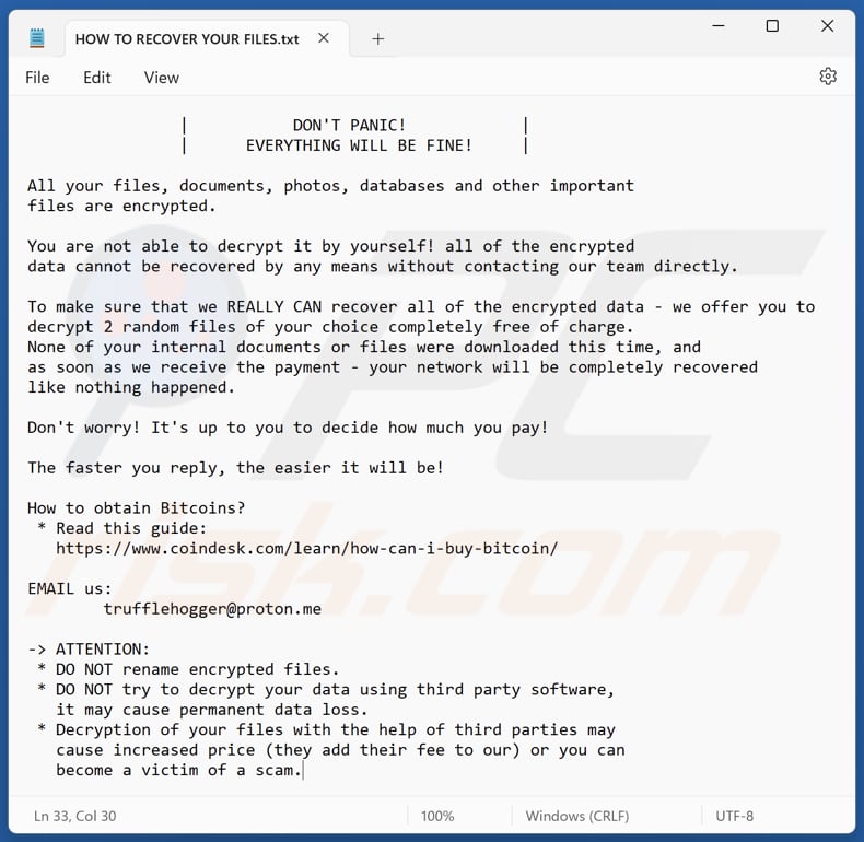 Archivo de texto del ransomware EDHST (HOW TO RECOVER YOUR FILES.txt)