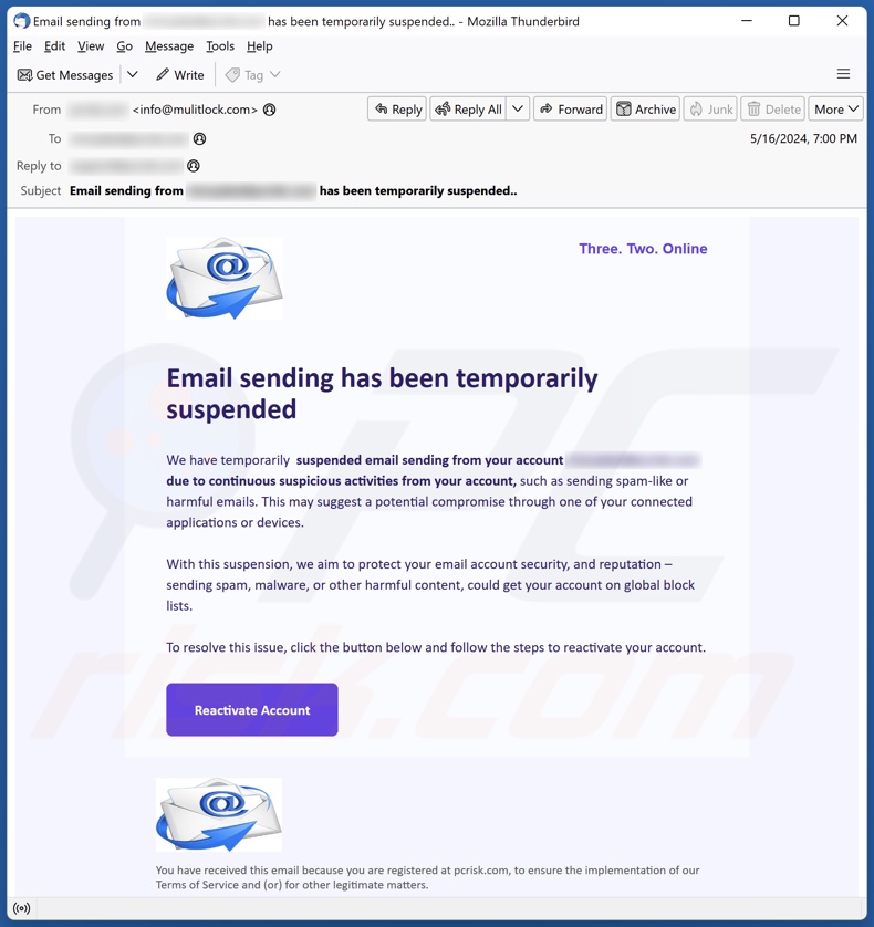 Email Sending Has Been Temporarily Suspended campaña de spam por correo electrónico