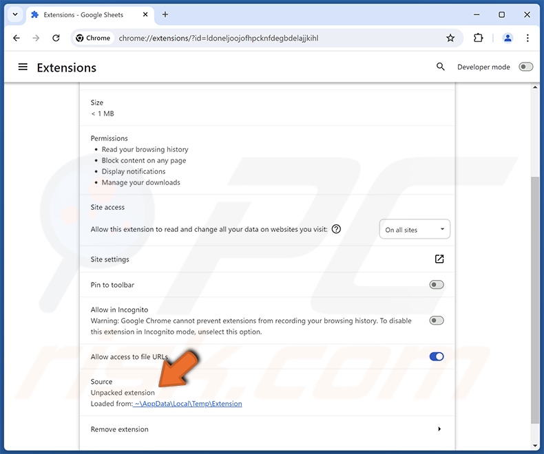 Detalles de la extensión falsa de Google Sheets para navegadores (Chrome)