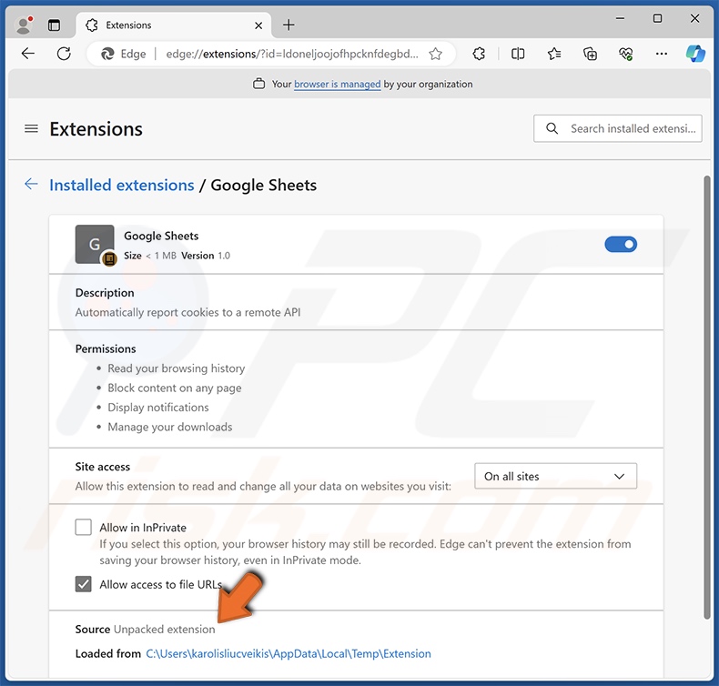 Detalles de la extensión falsa de Google Sheets para navegadores (Edge)