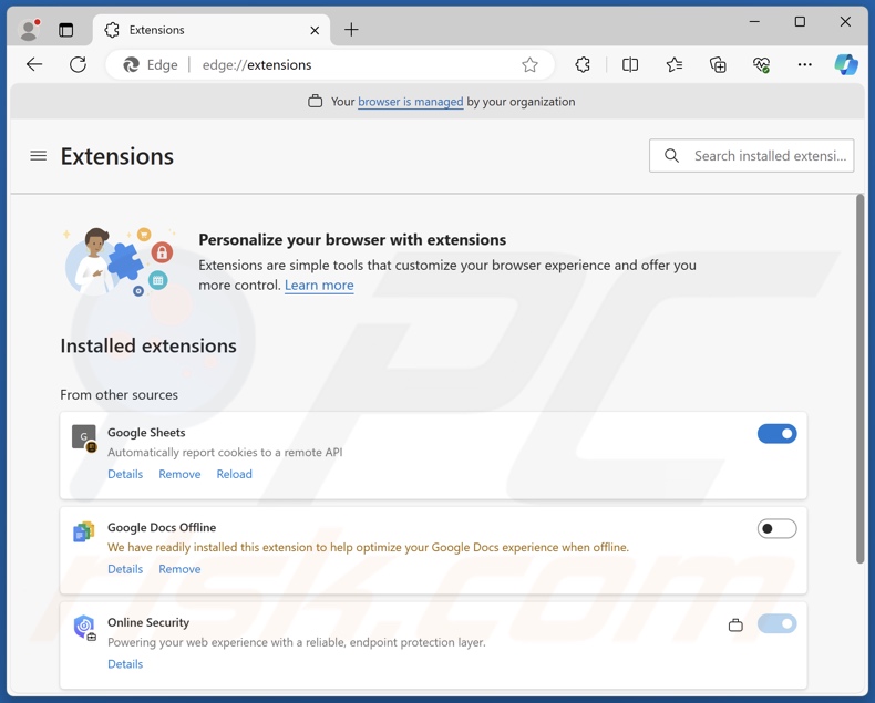 Extensión falsa de Google Sheets en Edge