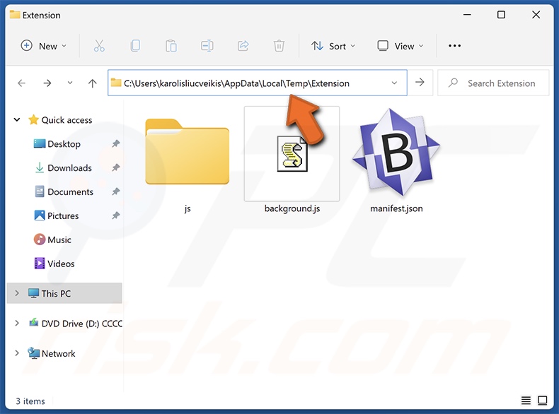 Carpeta de instalación de la extensión falsa de Google Sheets (titulada Extensión)