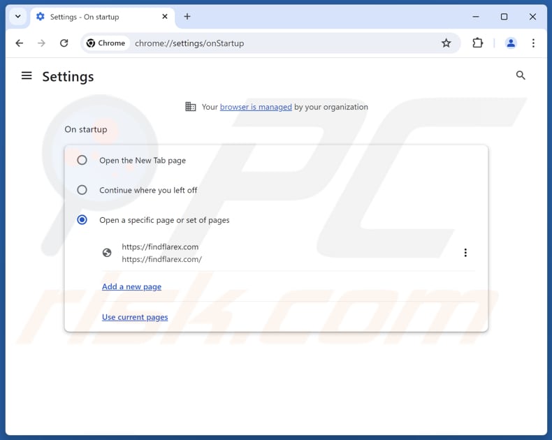 Eliminar findflarex.com de la página de inicio de Google Chrome