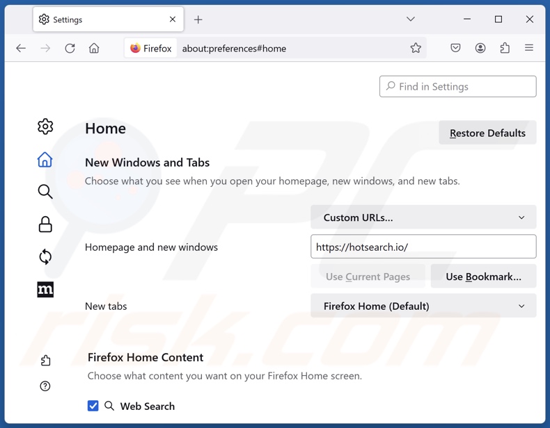 Eliminar hotsearch.io de la página de inicio de Mozilla Firefox