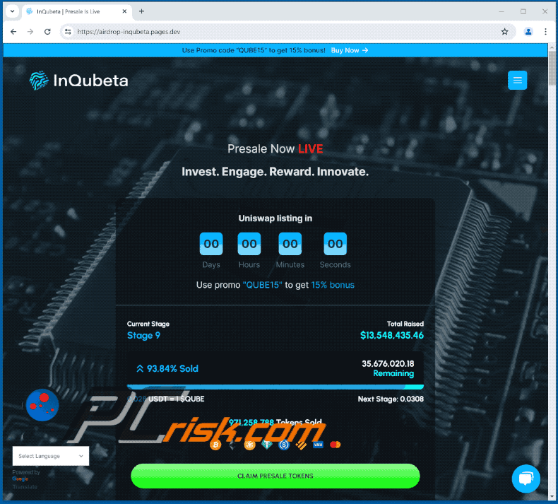 Aparición de la estafa de la preventa de InQubeta Token (GIF)