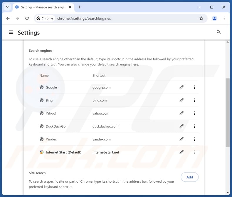 Eliminación de internet-start.net del motor de búsqueda predeterminado de Google Chrome