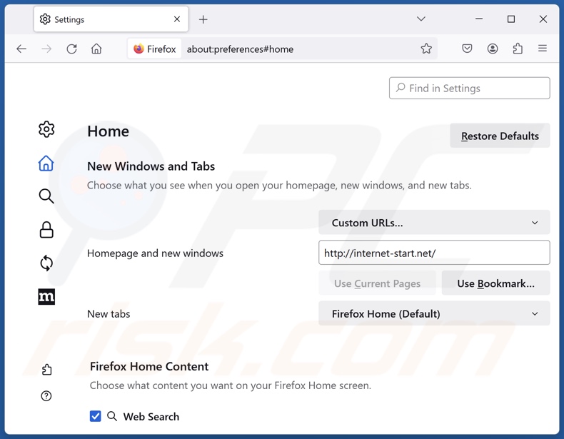 Eliminar internet-start.net de la página de inicio de Mozilla Firefox
