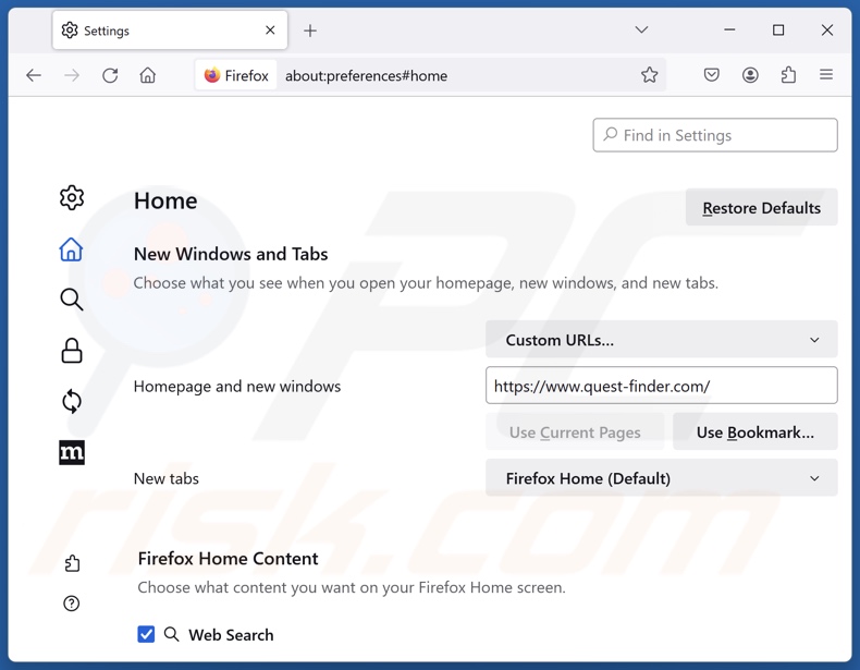Eliminar quest-finder.com de la página de inicio de Mozilla Firefox