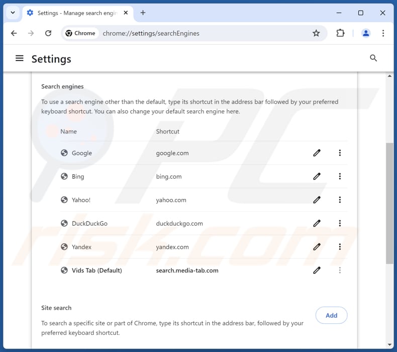 Eliminación de search.media-tab.com del motor de búsqueda predeterminado de Google Chrome