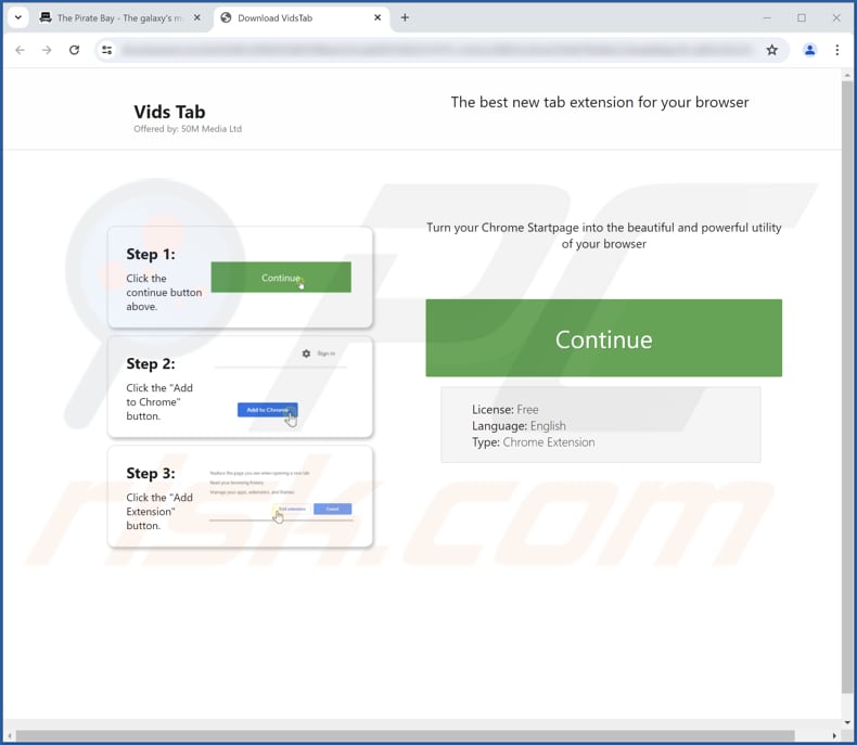 Sitio web utilizado para promocionar el secuestrador de navegadores Vids Tab