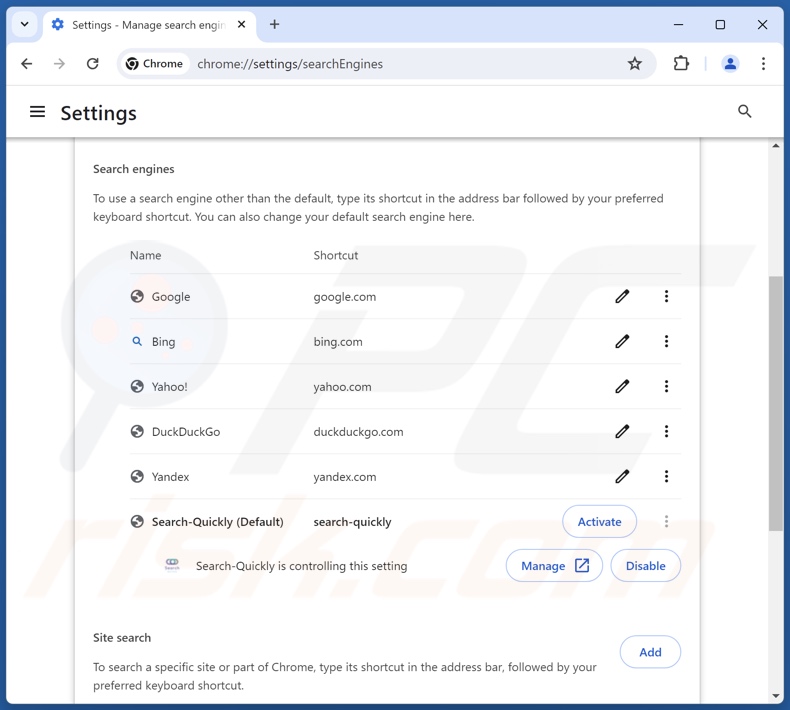Eliminación de search-quickly.com del motor de búsqueda predeterminado de Google Chrome