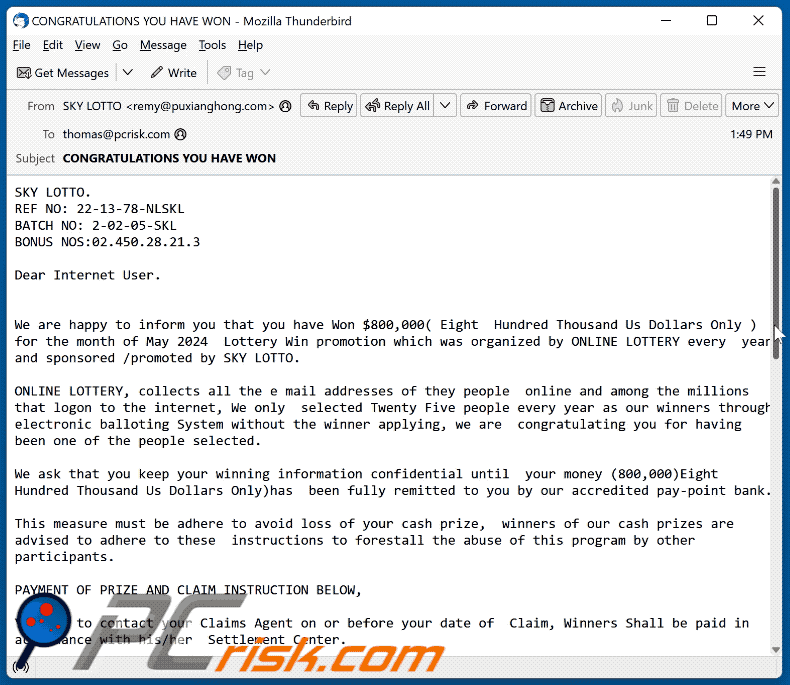 SKY LOTTO aparición de correo electrónico fraudulento (GIF)