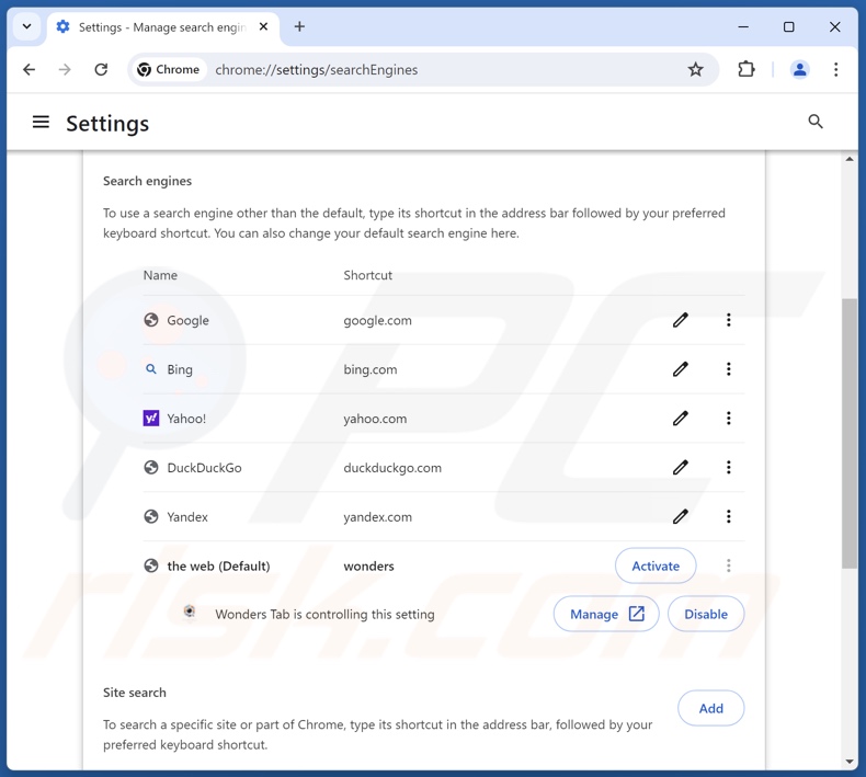 Eliminación de wonderstab.com del motor de búsqueda predeterminado de Google Chrome