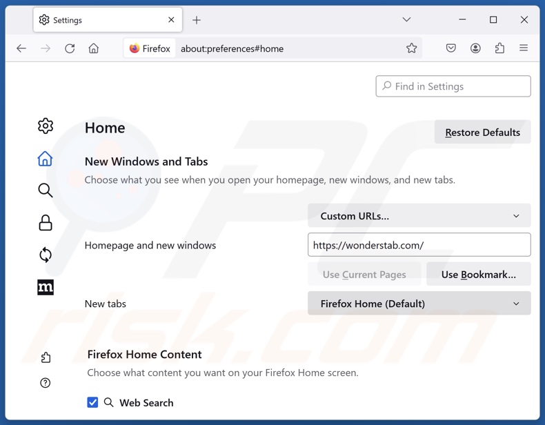 Eliminar wonderstab.com de la página de inicio de Mozilla Firefox