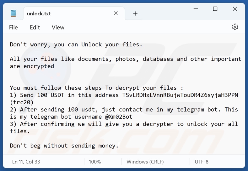 Nota de rescate del ransomware Xam (unlock.txt)