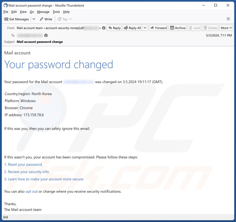 Your Password Changed campaña de spam por correo electrónico