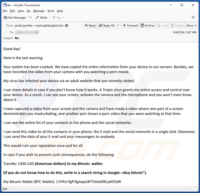 Your System Has Been Cracked campaña de spam por correo electrónico