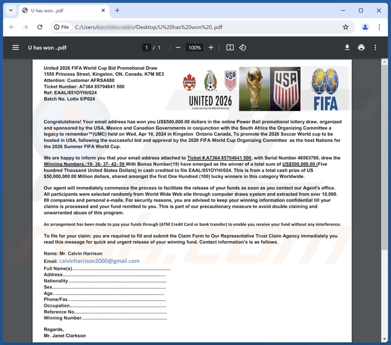 2026 FIFA World Cup Lottery correo electrónico fraudulento adjunto