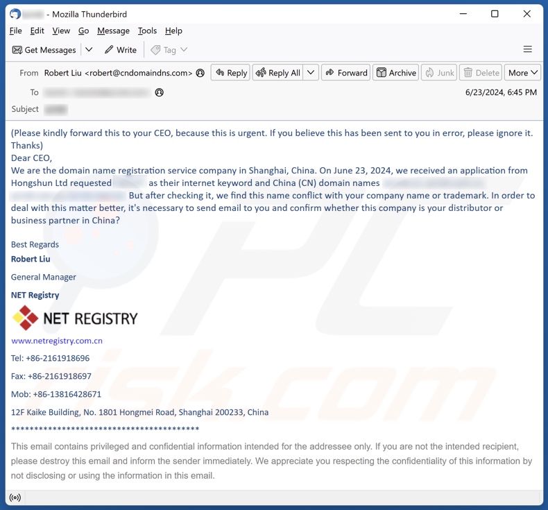 Conflict With Your Company Name Or Trademark correo electrónico fraudulento otra variante
