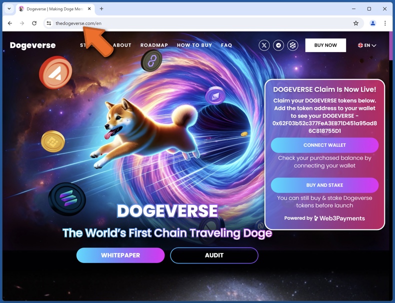 Aspecto del verdadero sitio web Dogeverse (thedogeverse[.]com)