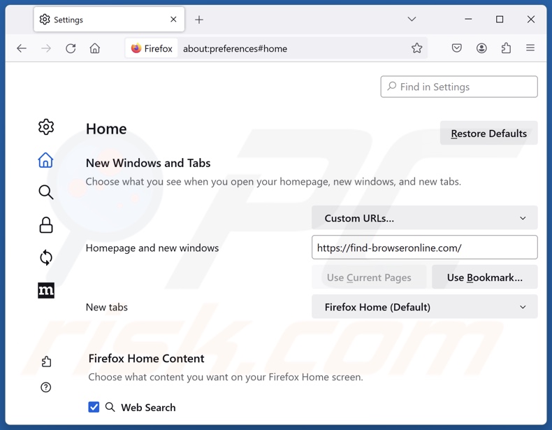 Eliminar find-browseronline.com de la página de inicio de Mozilla Firefox