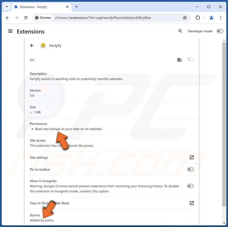 Detalles de la extensión de navegador FortyFy