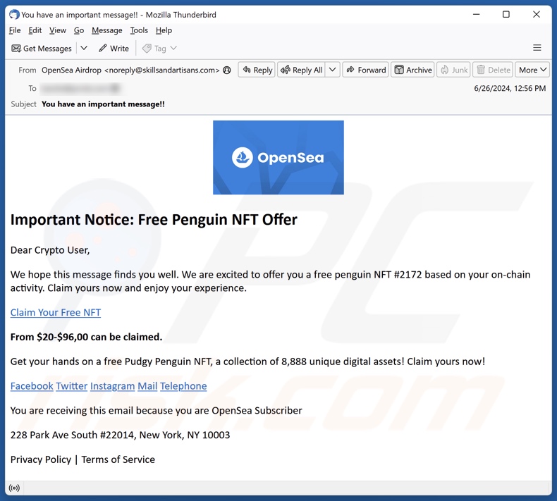 Aparición del correo spam que apoya la estafa Free Penguin NFT