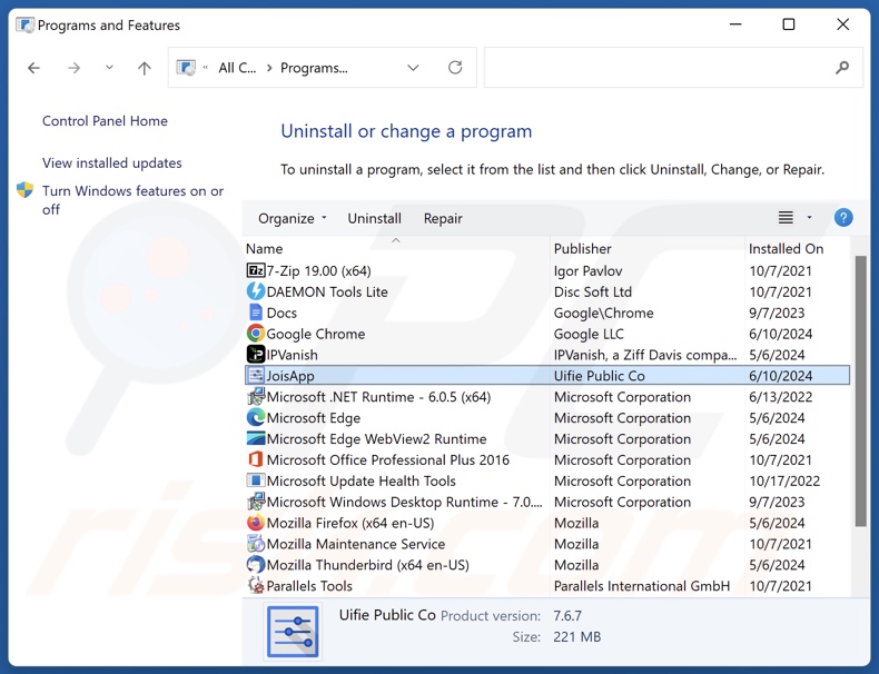 Desinstalación de JoisApp a través del Panel de control