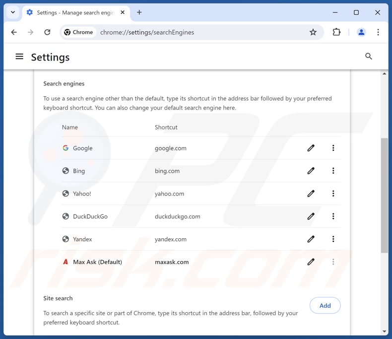 Eliminación de maxask.com del motor de búsqueda predeterminado de Google Chrome