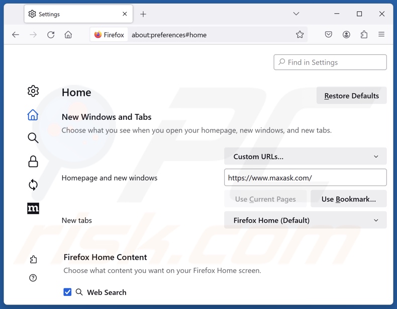 Eliminar maxask.com de la página de inicio de Mozilla Firefox