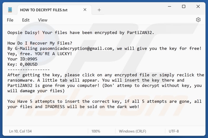 PartiZAN32 ransomware archivo de texto (HOW TO DECRYPT FILES.txt)