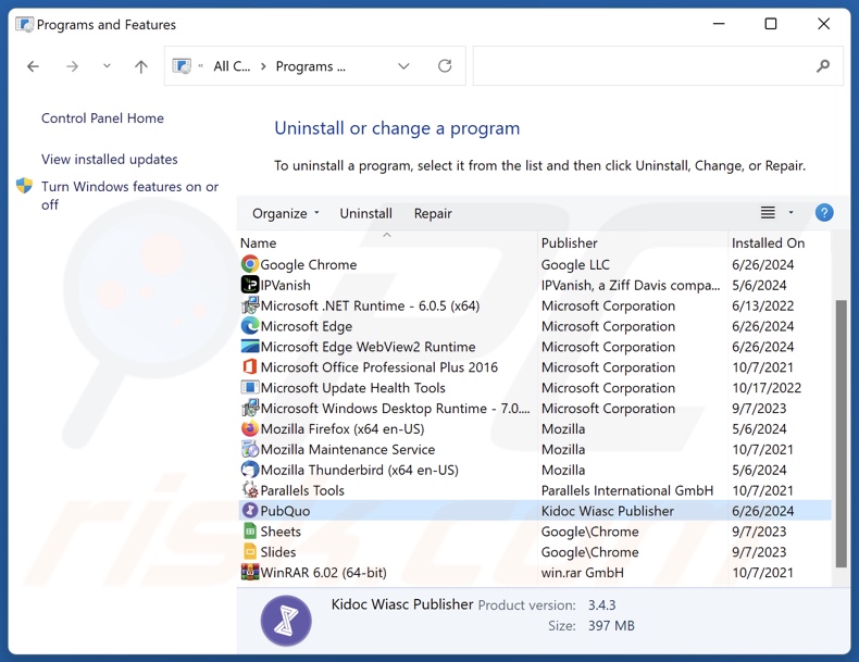 Desinstalación de PubQuo a través del Panel de control