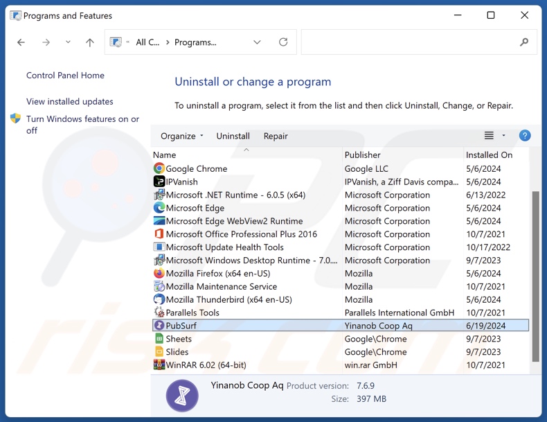 Desinstalación de PubSurf a través del Panel de Control