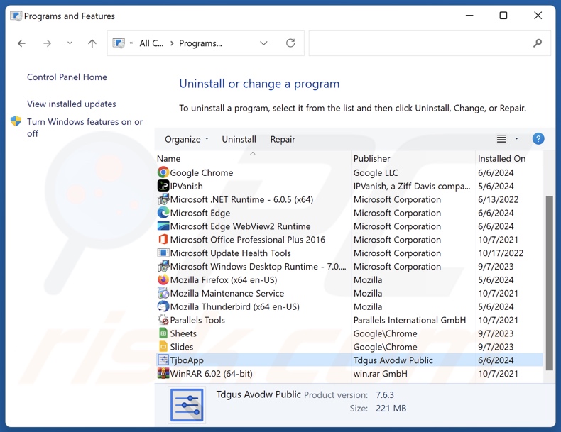 Desinstalación de TjboApp a través del Panel de control