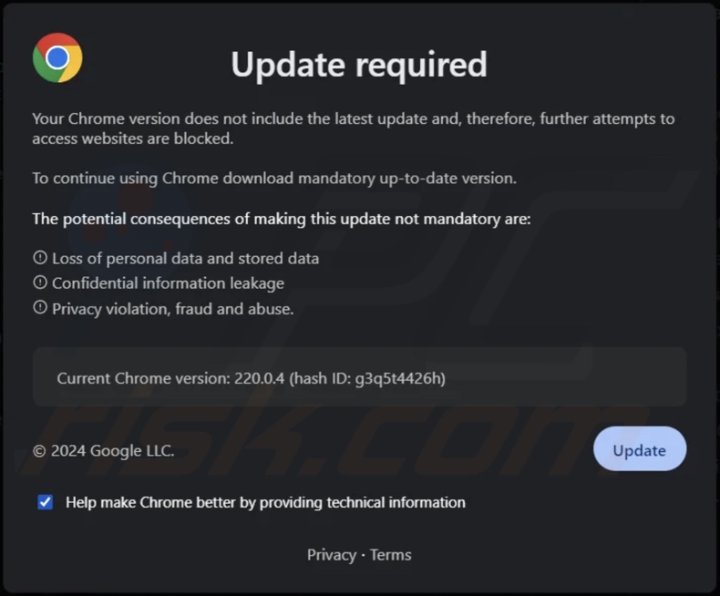 Your Chrome Version Does Not Include The Latest Update pop-up estafa