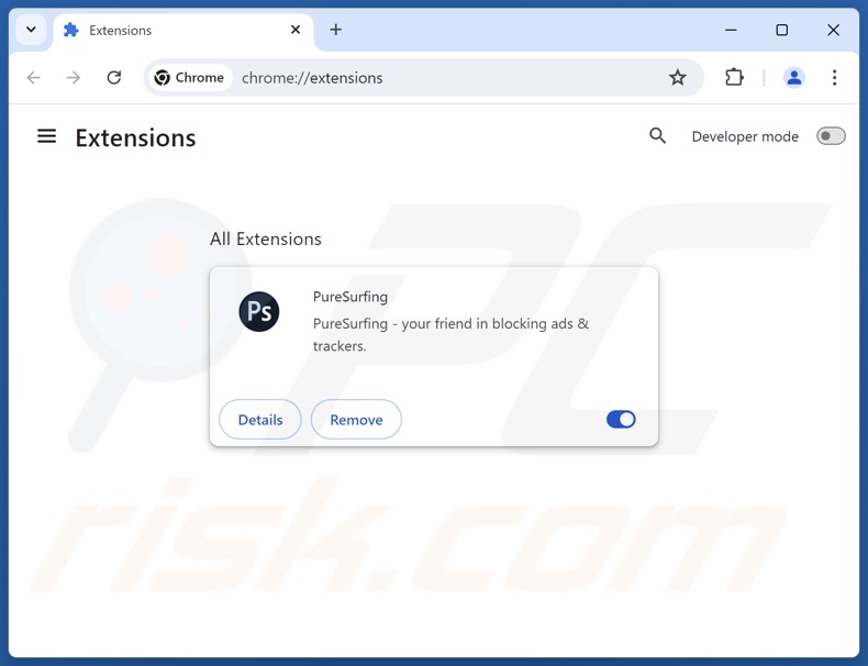 Aparición de la extensión de navegador PureSurfing que muestra la estafa emergente Tu versión de Chrome no incluye la última actualización. (GIF)