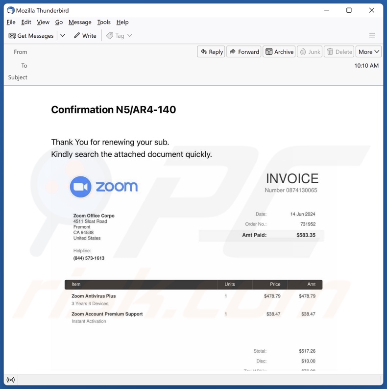 Zoom Antivirus Plus Subscription campaña de spam por correo electrónico